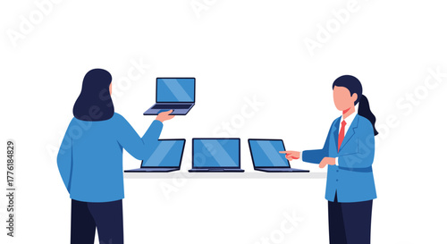 Two businesswomen in a store or office, one presenting a selection of new laptops to the other for a technology upgrade.