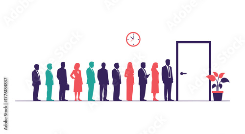 Diverse group of business people standing in a long line, waiting for their turn to enter an office for a job interview.