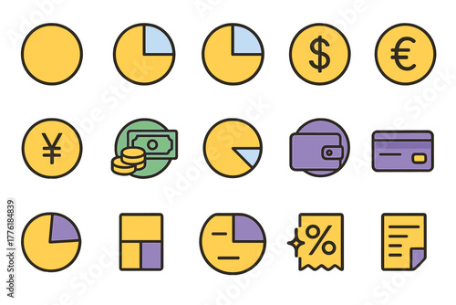 Financial icons set in yellow, purple, and green colors