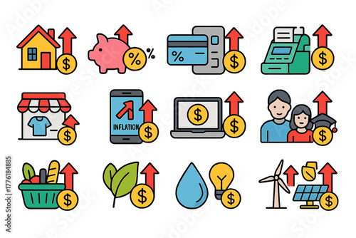 Economic and Financial Icons Set with Upward Arrows and Dollar Signs