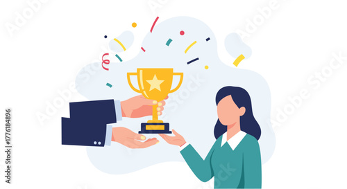 Manager's hands awarding a gold trophy to a female employee, recognizing her for exceptional performance and achievement.