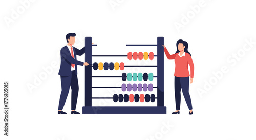 Two business professionals, a man and a woman, standing with a large abacus, symbolizing accounting, finance, and calculation.