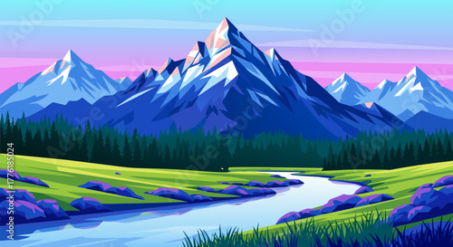 Vibrant vector landscape with majestic snow-capped mountains, a winding river, lush valley, and colorful forest under a dramatic sky