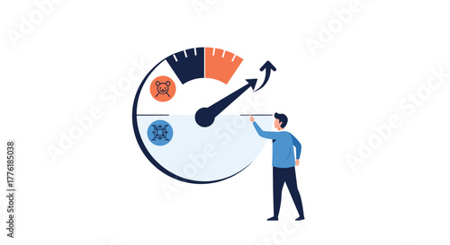 Man adjusting a large dial or speedometer, increasing performance from a low level to a high-speed, productive state.
