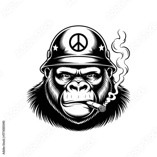 Gorilla wearing a helmet with a peace sign smoking a cigarette