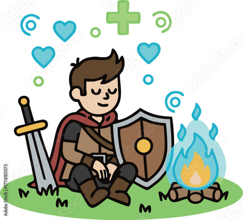 RPG_Hero_Rest_Healing_Campfire_-_ミニマリストRPGの冒険者と休憩_回復の焚き火