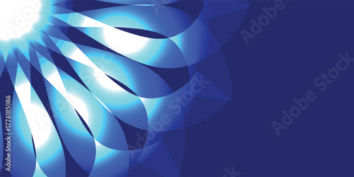 An abstract graphic of a glowing blue sunburst with swirling, translucent petals against a deep blue backdrop.