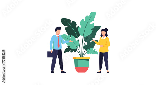 Colleagues in an office discussing a large potted plant, symbolizing business growth, green initiatives, or a healthy work environment.