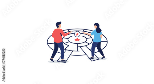 Man and woman working together to navigate a circular maze to reach a star at the center, symbolizing collaboration on a challenge.
