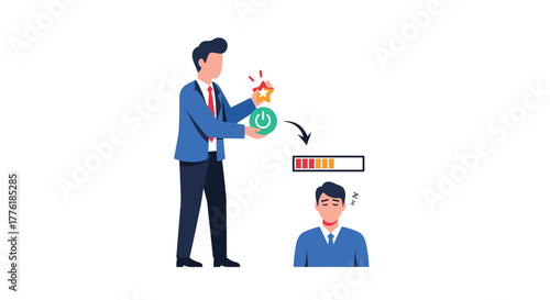 Manager motivating a tired employee by offering a star and pressing a power-on button to recharge his energy level.