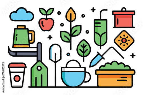 Colorful garden tools, plants, and outdoor items come together in a playful scene. Perfect for eco living, gardening, and outdoor lifestyle stock imagery with a cheerful vibe.