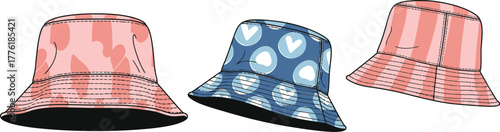 Three stylish bucket hats featuring vibrant patterns for fashionable summer wear isolated on transparent background