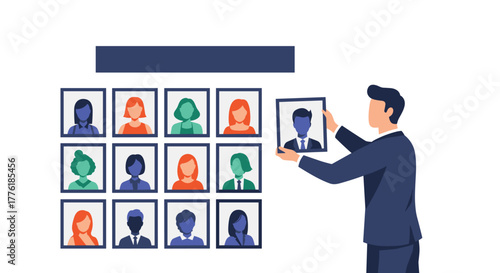 Manager or recruiter building a team by selecting a male candidate's portrait to add to a wall of female employee photos.