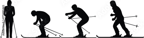 Cross-country skiing silhouette, skier motion, dynamic posture, black graphic, vector illustration, winter sport, snow activity, outdoor icon, stride, techniqueCross-country skiing silhouette,