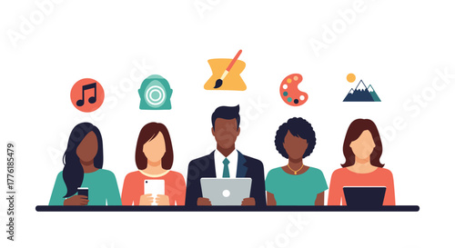 Diverse creative team working together at a desk, with icons representing their different skills like art, music, and design.