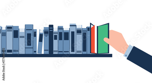 Hand selecting and pulling a specific book from a packed bookshelf, symbolizing choice, knowledge, research, or finding information.