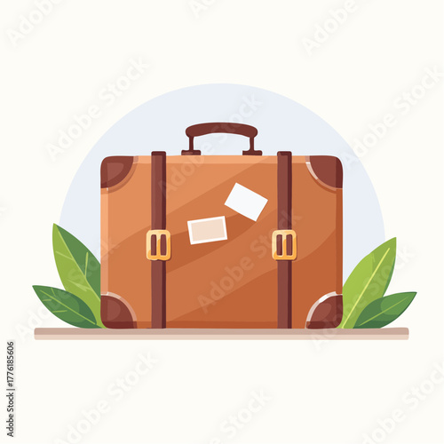 Vintage suitcase with travel stickers and luggage straps sits on a shelf