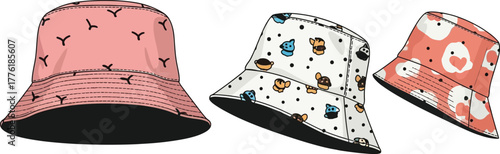 Three fun bucket hats with cute patterns for fashionable headwear isolated on transparent background