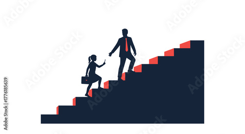 Silhouette of a male mentor guiding a female professional with a briefcase up a flight of stairs, symbolizing career progression.