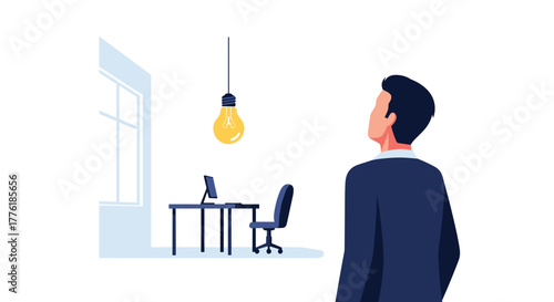 Businessman in a suit looking towards a bright lightbulb in an empty office, symbolizing a promising new business idea or venture.