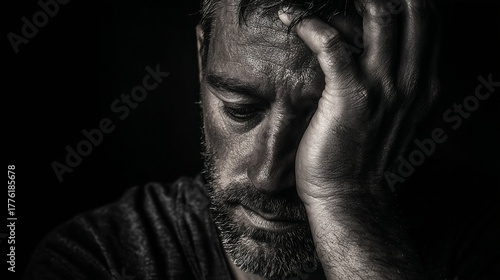 A closeup of a sweaty mans face in monochrome, conveying intense emotion, struggle, or physical exertion against a dark background, showcasing raw human experience.
