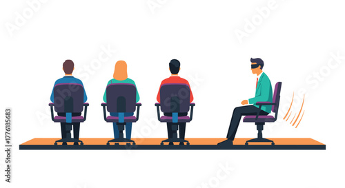 Human resources manager with a blindfold playing a guessing game with job candidates during a unique interview process.