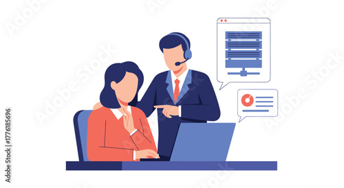 Male customer service manager with a headset assisting and training a female colleague working on a laptop at her desk.