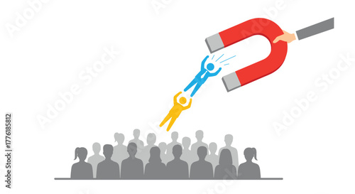 Human resources concept of attracting and recruiting top talent using a large magnet to pull a candidate from a crowd.