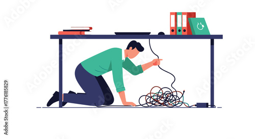 Frustrated man under his office desk trying to untangle a messy bunch of computer cables and wires, showing disorganization.