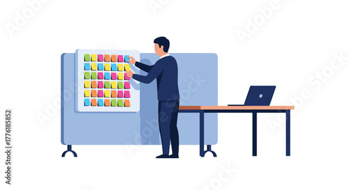 Businessman in a suit organizing a project schedule using a kanban board with colorful sticky notes in an office setting.