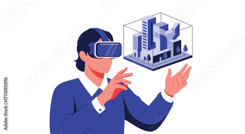 Architect or designer wearing a virtual reality headset to interact with a 3D holographic model of a futuristic city.