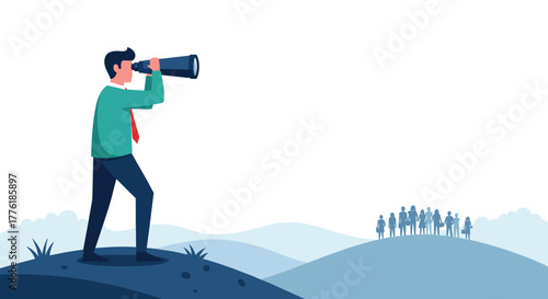 Business leader standing on a hill using a telescope to look towards a distant group of people, symbolizing vision and recruitment.