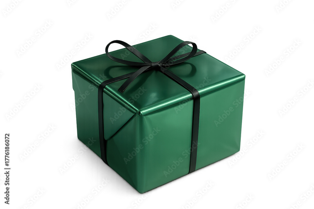 Fototapeta premium Gift box wrapped in green paper with a black ribbon bow on transparent background symbolizing celebration and surprise
