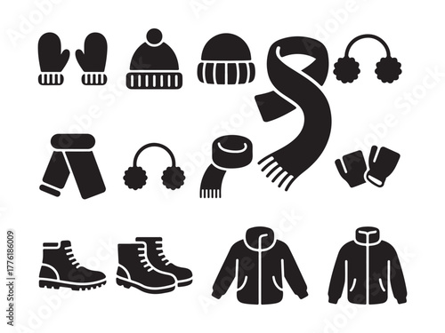 Winter essentials: a collection of cozy accessories including mittens, hats, scarves and boots. A monochromatic depiction of warmth and comfort during colder months.