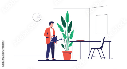 Man in a modern office watering a large indoor plant, representing nurturing growth, a green office, and a relaxed work environment.