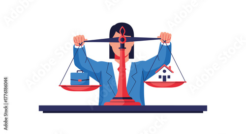 Businesswoman holding a large scale, balancing a briefcase representing work and a house representing life, symbolizing work-life balance.