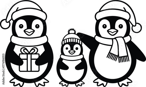 Charming penguin family celebrating winter holidays with gifts and festive cheer, perfect for seasonal greetings and heartwarming designs for your creative projects
