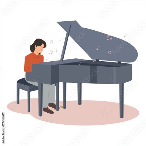 Vector illustration of playing the piano. Cartoon scene of a man sitting on a chair, playing the piano, musical notes isolated on white background. Stringed percussion keyboard musical instruments.