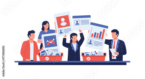 Human resources team sorting through candidate resumes and profiles, separating them into approved and rejected bins for recruitment.