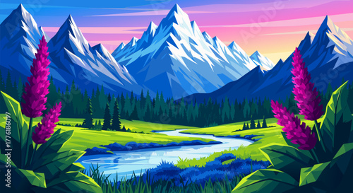 Vibrant Mountain Landscape with a Winding River and Wildflowers at Sunrise