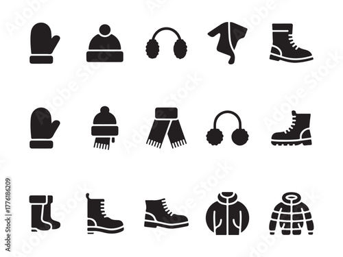 Winter Essentials: An illustrative depiction of key cold-weather items, including mittens, hats, earmuffs, scarves, and boots, symbolizing preparation and resilience against the chilly elements.