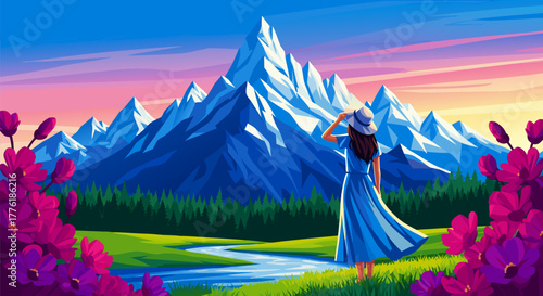 Woman in a hat admires a scenic view of a mountain range with vibrant flowers in the foreground