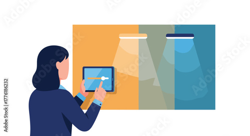 Businesswoman using a tablet to control and adjust the lighting in a room, demonstrating smart home or office technology.