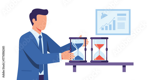 Businessman comparing two hourglasses, a metaphor for time management, comparing deadlines, or allocating resources between projects.