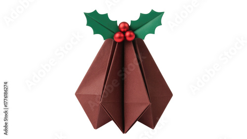 A festive origami Christmas pudding, crafted from dark brown paper, adorned with vibrant green holly leaves and three shiny red berries, perfect for holidays. background removed