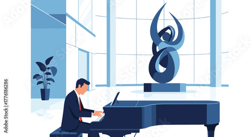 Professional man in a suit playing a grand piano in a modern building with a large sculpture, symbolizing corporate art and culture.