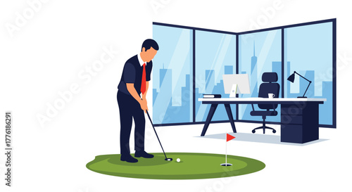 Businessman practicing his golf putt in a modern office with a city view, illustrating work-life integration and executive leisure.