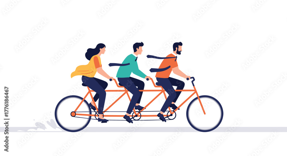 Obraz premium Three business professionals riding a tandem bicycle together, a metaphor for teamwork, collaboration, and synchronized effort.