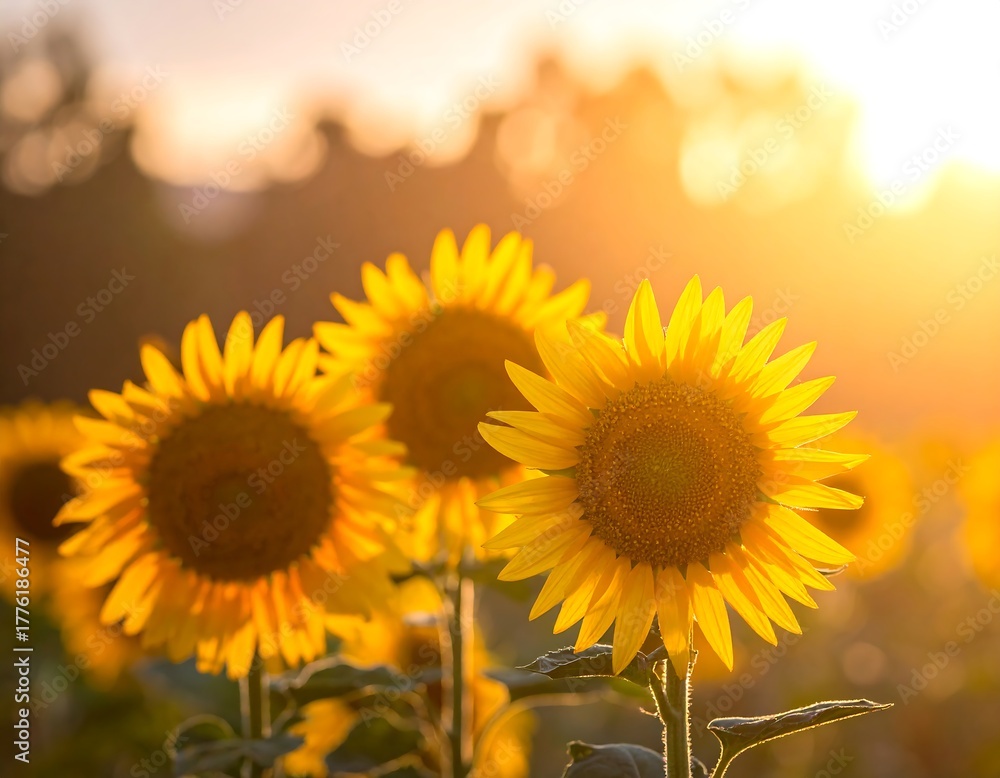 Obraz premium Golden sunflowers glow brightly against a warm, blurred sunset