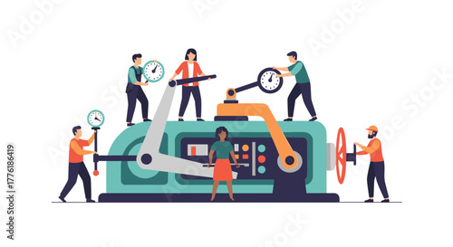 Team of diverse workers operating a large, complex machine, symbolizing teamwork, process optimization, and industrial collaboration.
